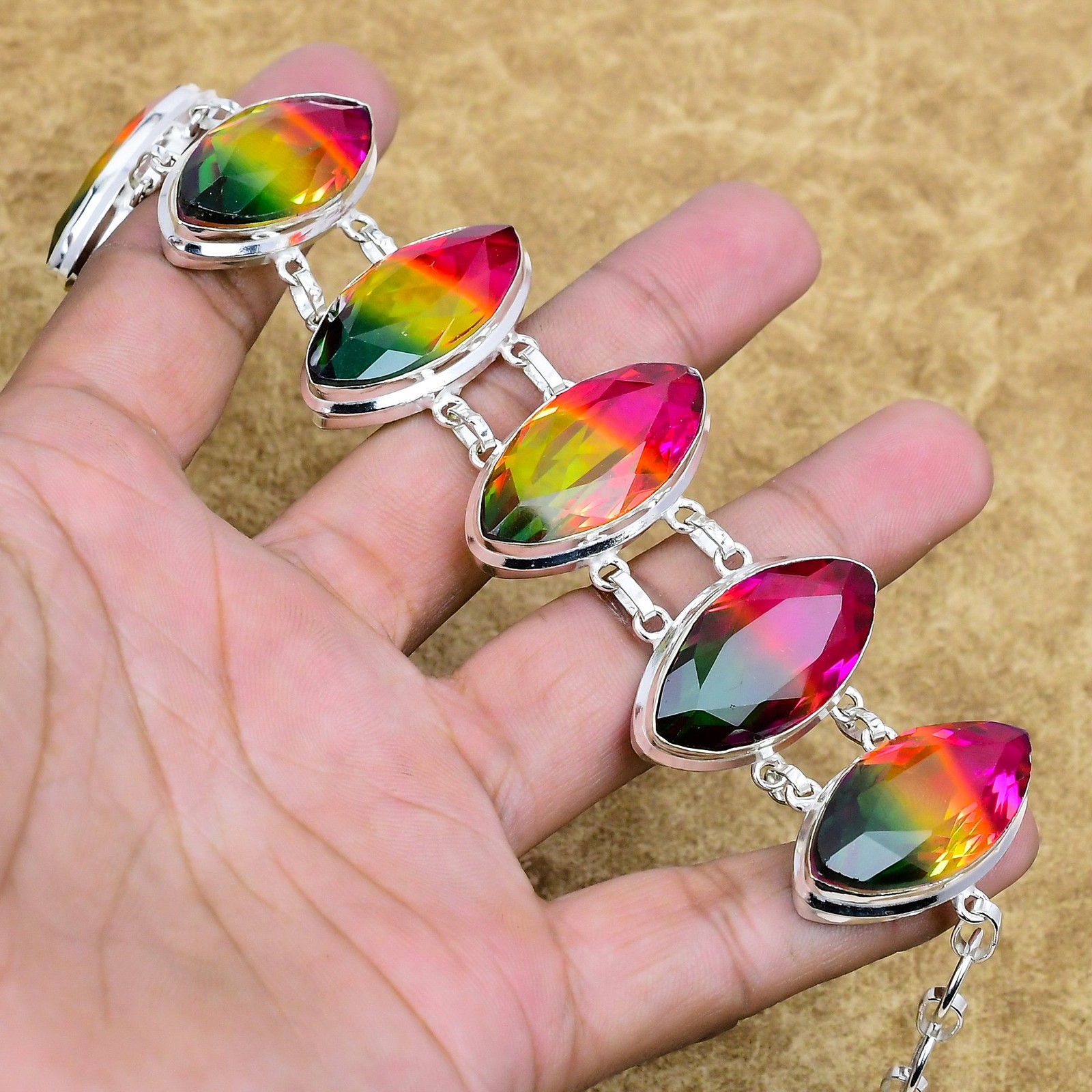 Natural Multi Tourmaline Handmade Bracelet 925 Sterling Silver Marquise Jewelry