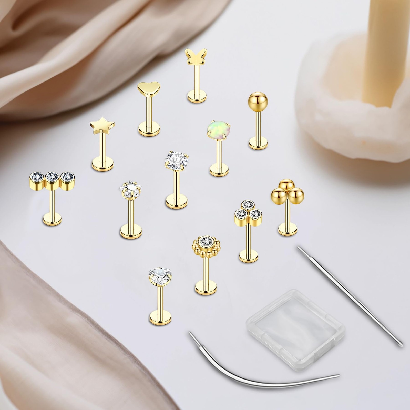 15Pcs 20G/18G/16G Flat Back Push in Stud Earrings 316L 16G(1.2mm), Golden
