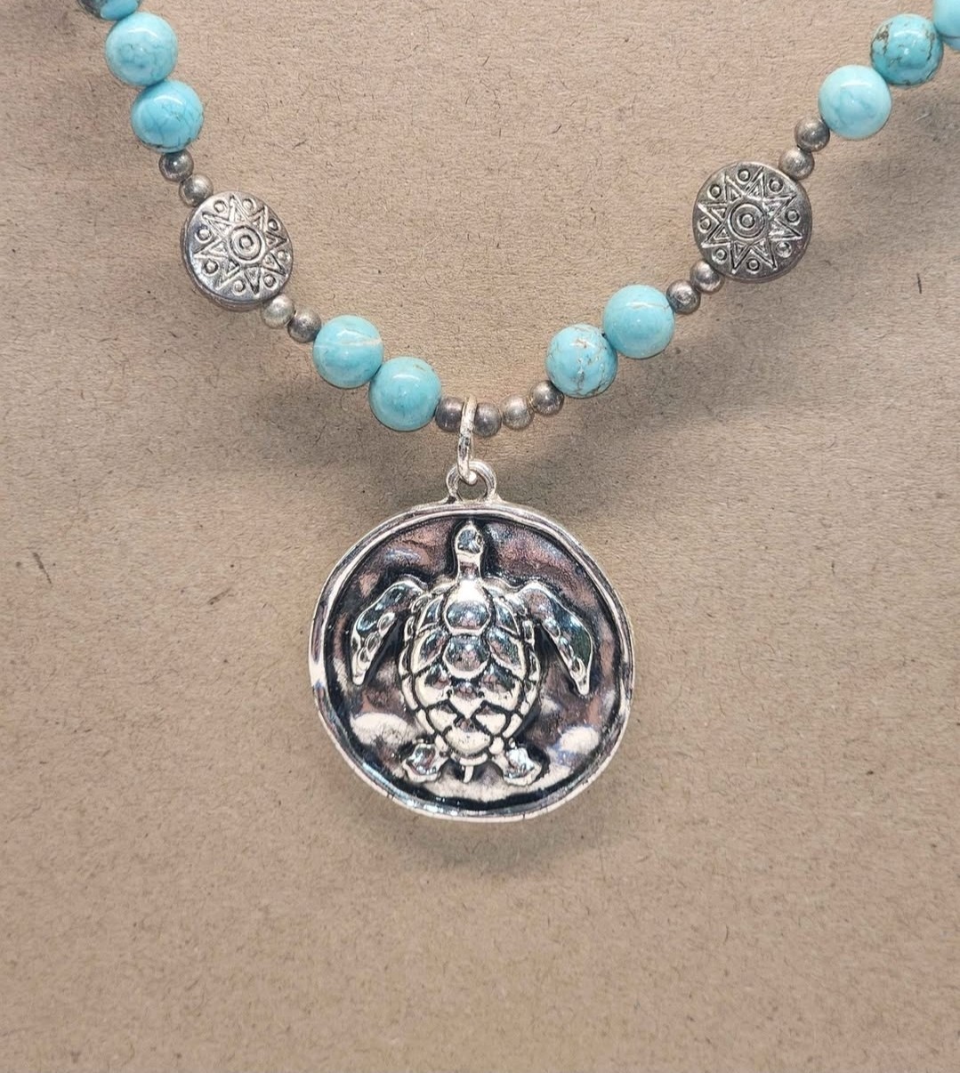 Turquoise Round Beaded Necklace Silver Tone Sea Turtle Charm Pendant Toggle
