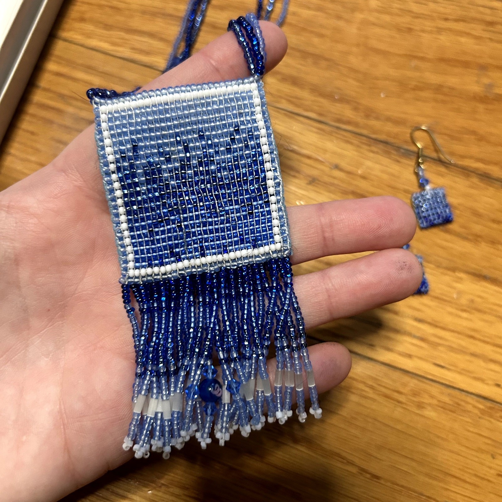 American Vintage Hand Beaded Necklace and Earrings Set Blue Ombre
