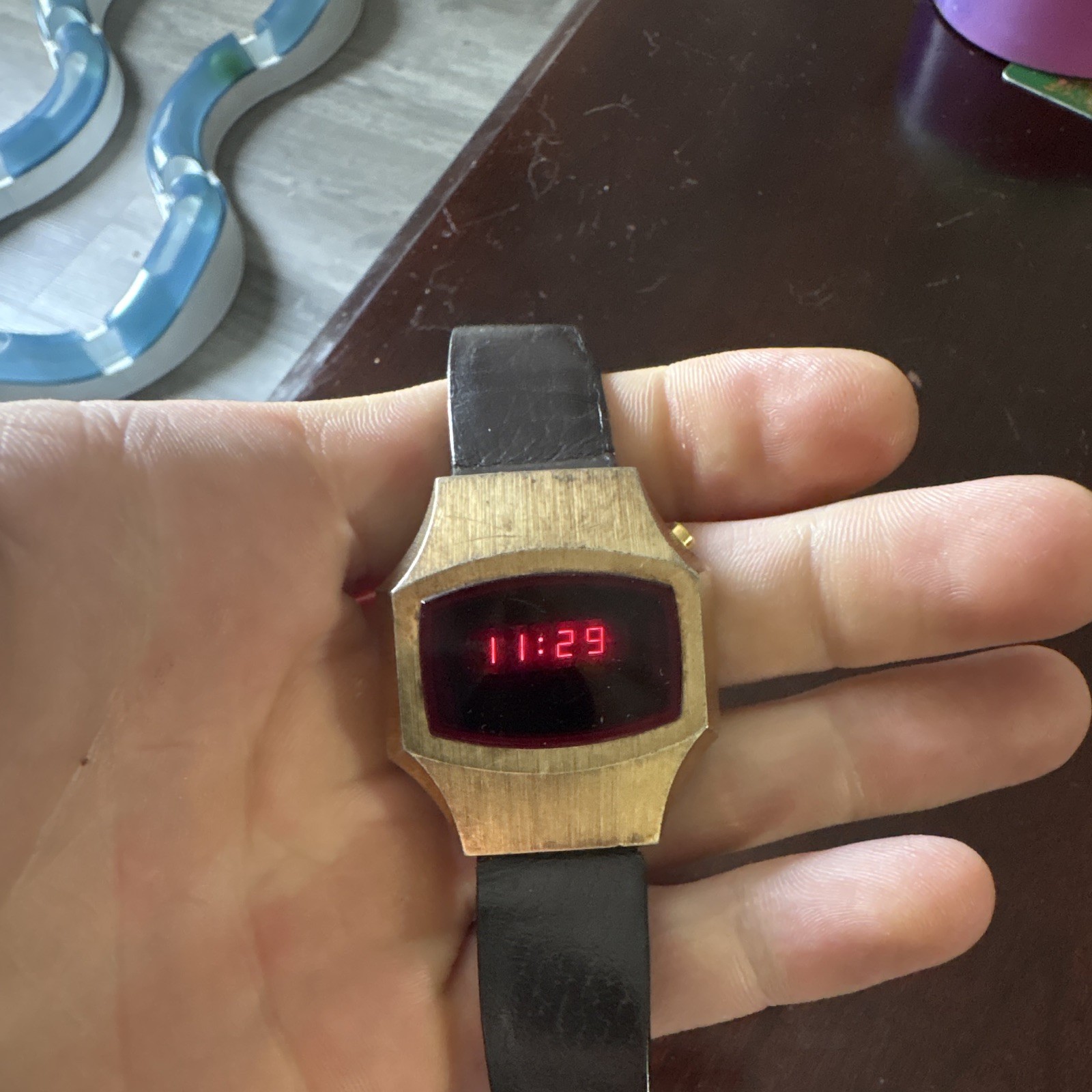 Sears Roebuck Vintage 1970s Digital LED Watch Gold Rect Case Black Leather