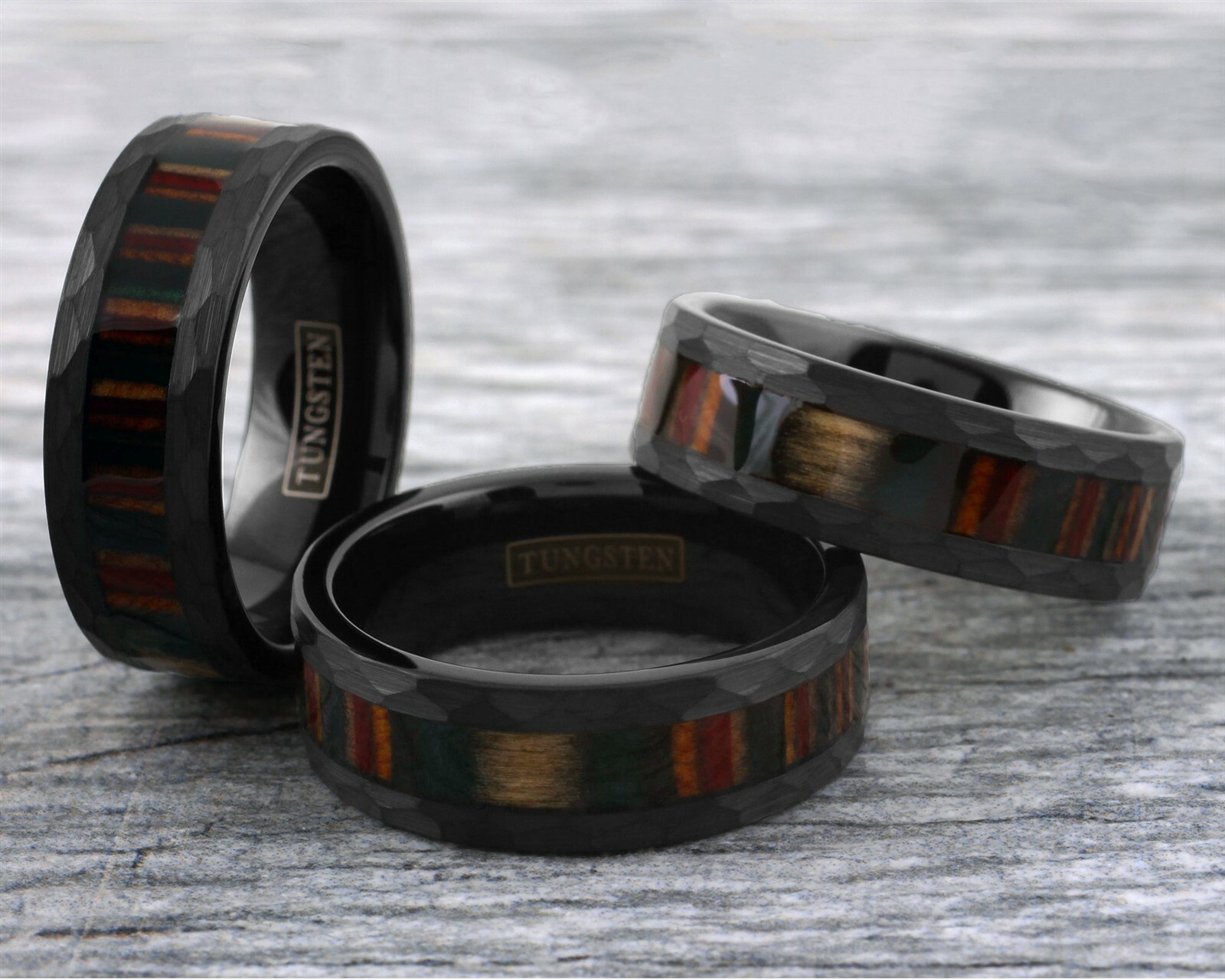 8mm Black Tungsten Layered Rainbow Hardwood Men’s Wedding Band Ring
