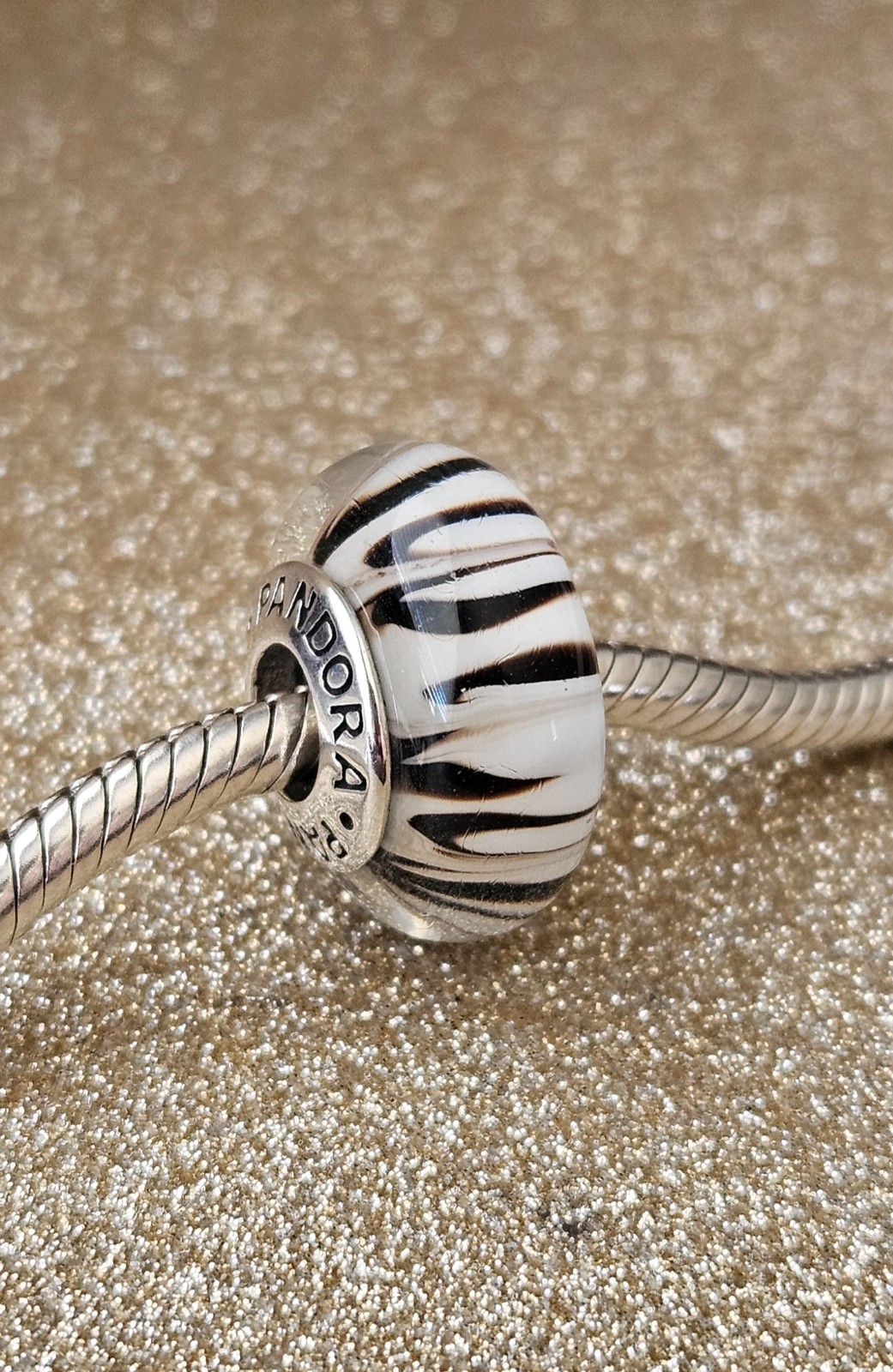 Authentic Pandora Silver Animal Print Zebra Murano Charm