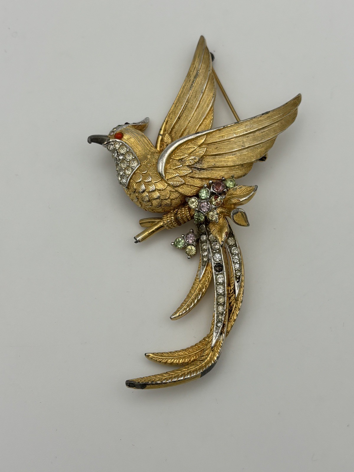 Vintage As-is Marcel Boucher Bird of Paradise Brooch Pin Gold Plated Rhinestones