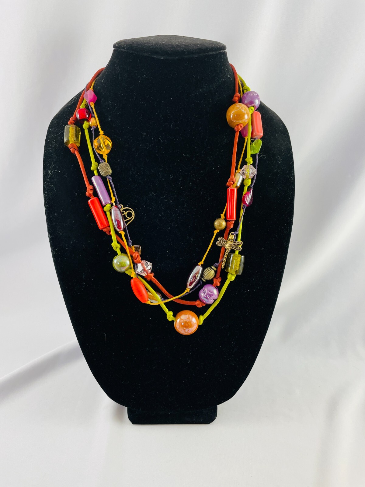 Multi Strand Beaded Charm Necklace Silk Cord Hammered Gold Tone Hook Clasp