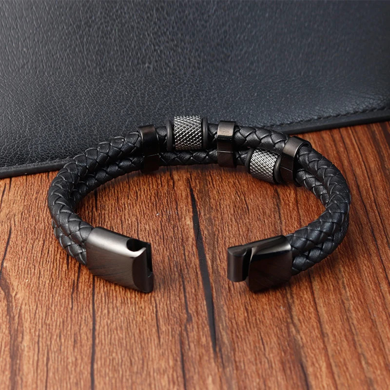 Men’s Leather Rope Braid Bracelet Stainless Steel Magnetic Buckle Jewelry
