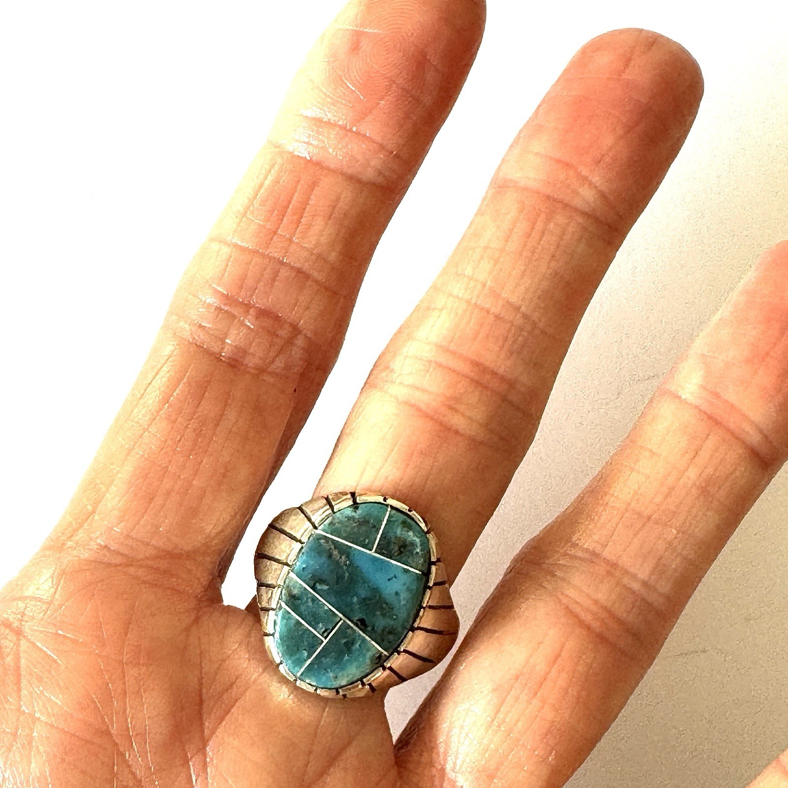 Turquoise Inlay Mens Ring Sz 12 Oval Navajo Signed T Jack Sterling Mosaic 20mm