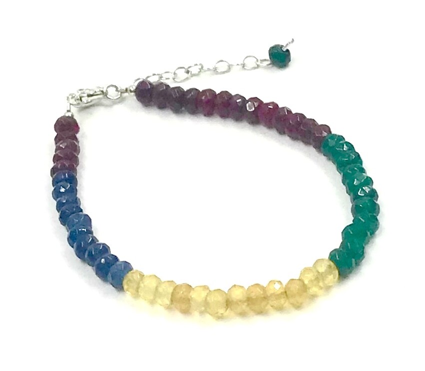 Genuine Multi Sapphire Ruby Emerald Natural Color 925 Silver Handmade Bracelet