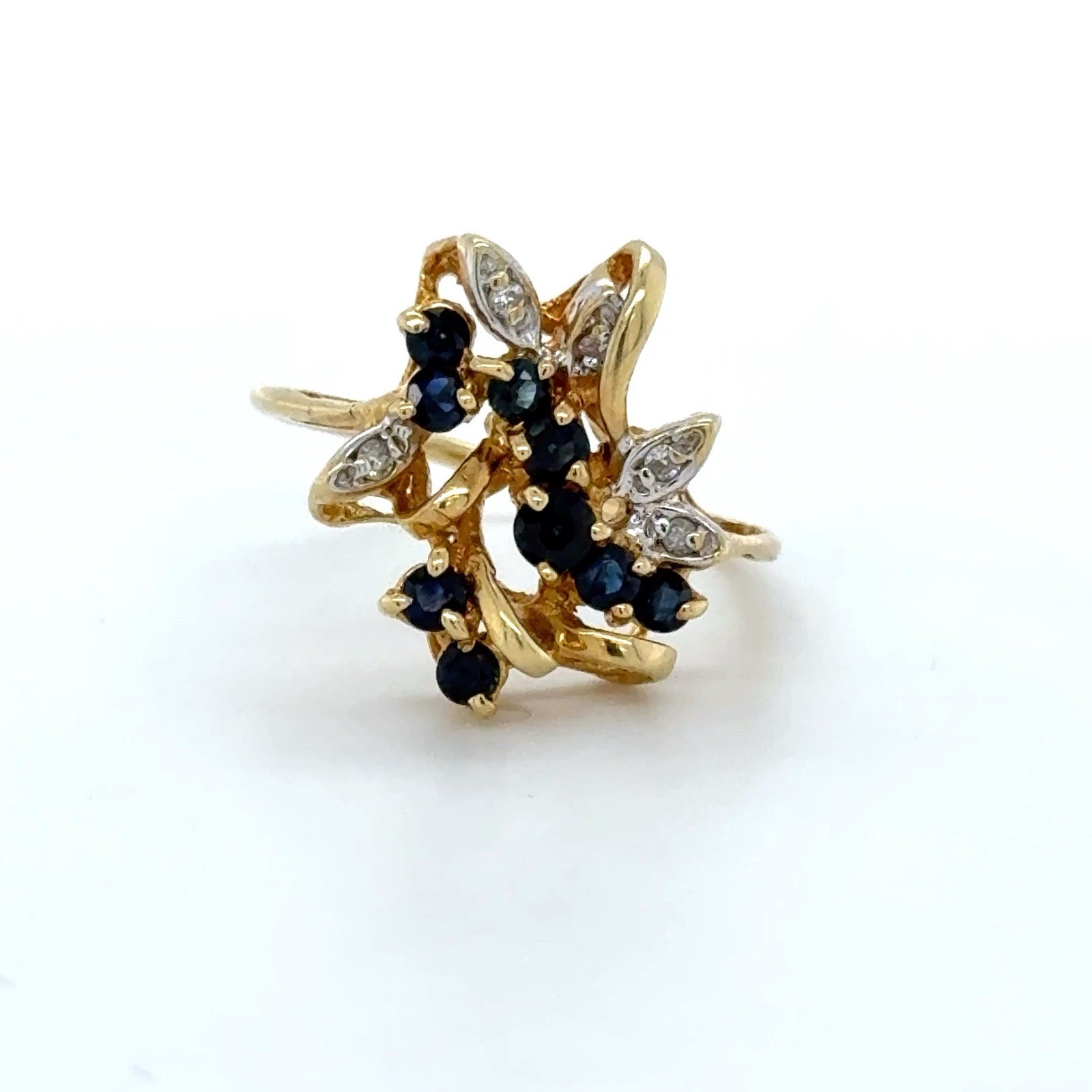 14k Yellow Gold Cocktail Cluster Ring Blue Sapphire/Diamond Floral Prong Sz 7.5