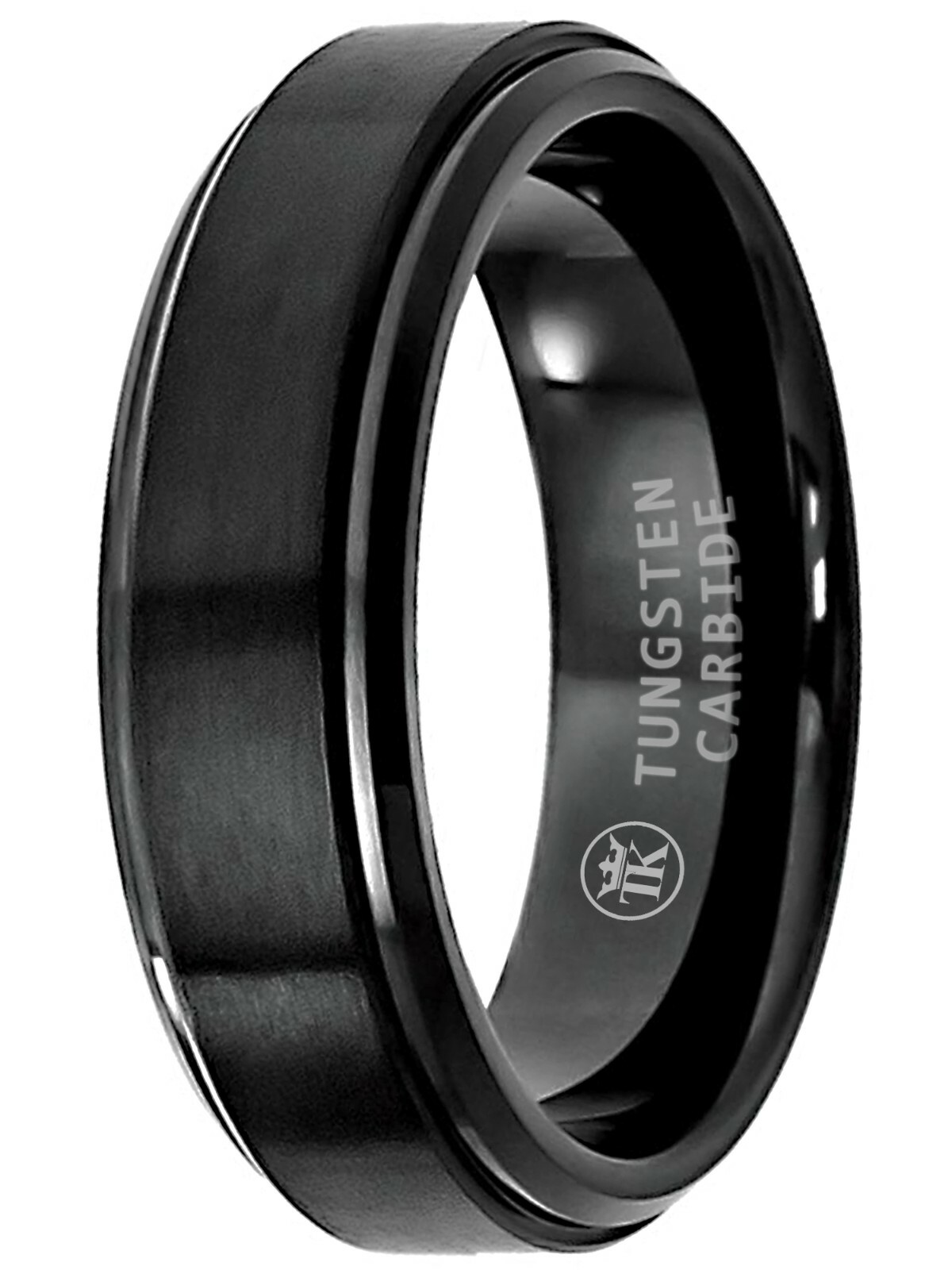 Black Ion-plated Brushed Center Tungsten Wedding Ring Stepped Edge Unisex 6mm