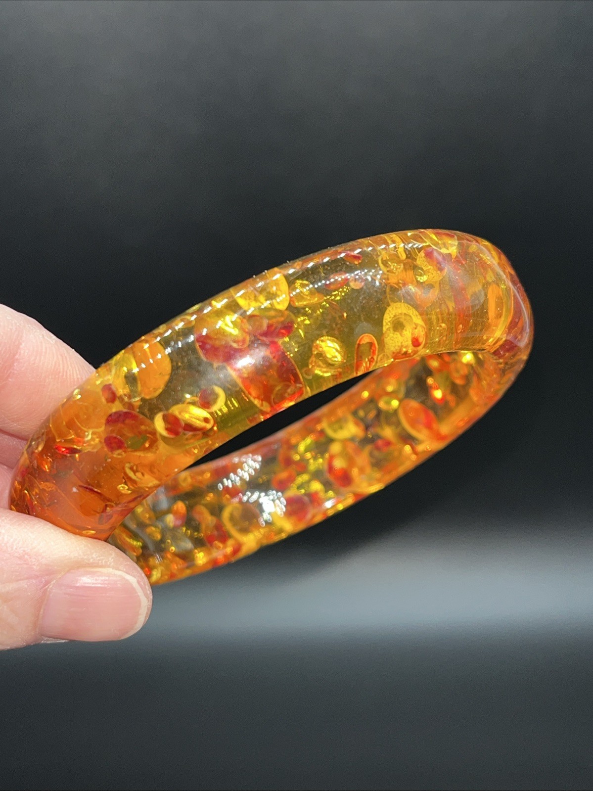 Amber Orange Translucent Speckled Acrylic Lucite Bangle Bracelet