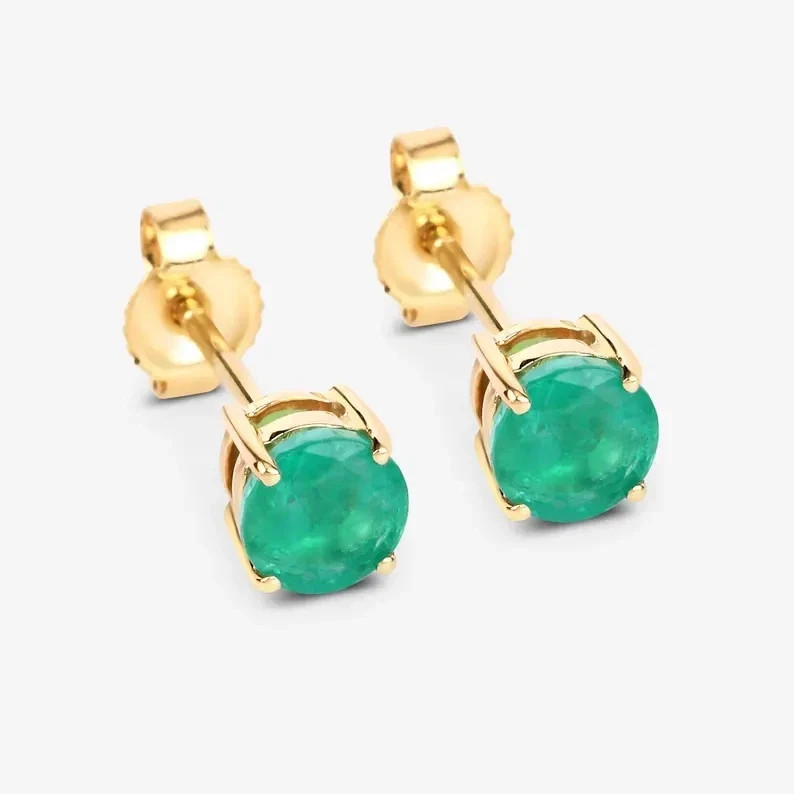 2Ct Round Cut Natural Emerald Diamond 14K Yellow Gold Luxurious Earring Stud