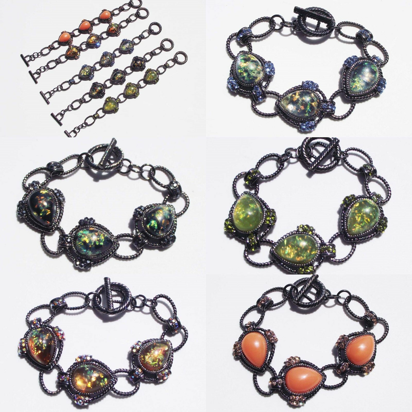 DESIGNER INSPIRED 7.5 IN BLACK BLUE GREEN GOLD ORANGE FAUX OPAL TOGGLE BRACELET