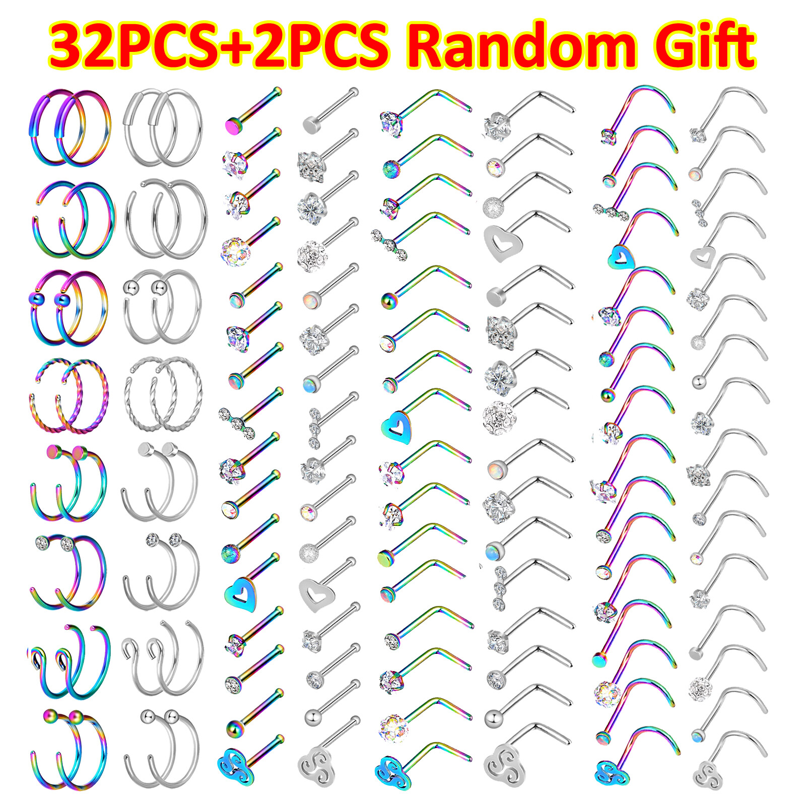 2-32PCS Surgical Steel Nose Rings Hoop Studs Cartilage Earring Body Piercing 20G