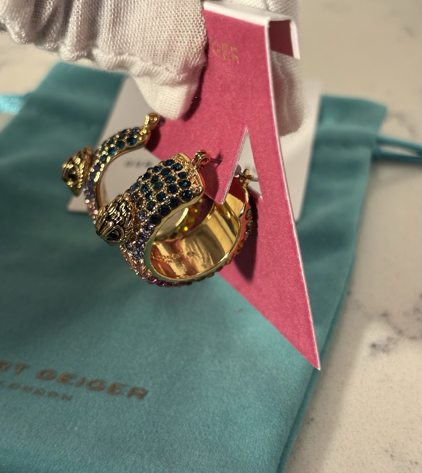 Kurt Geiger London Rainbow Crystal Eagle Hoop Earrings Gold Tone NWT