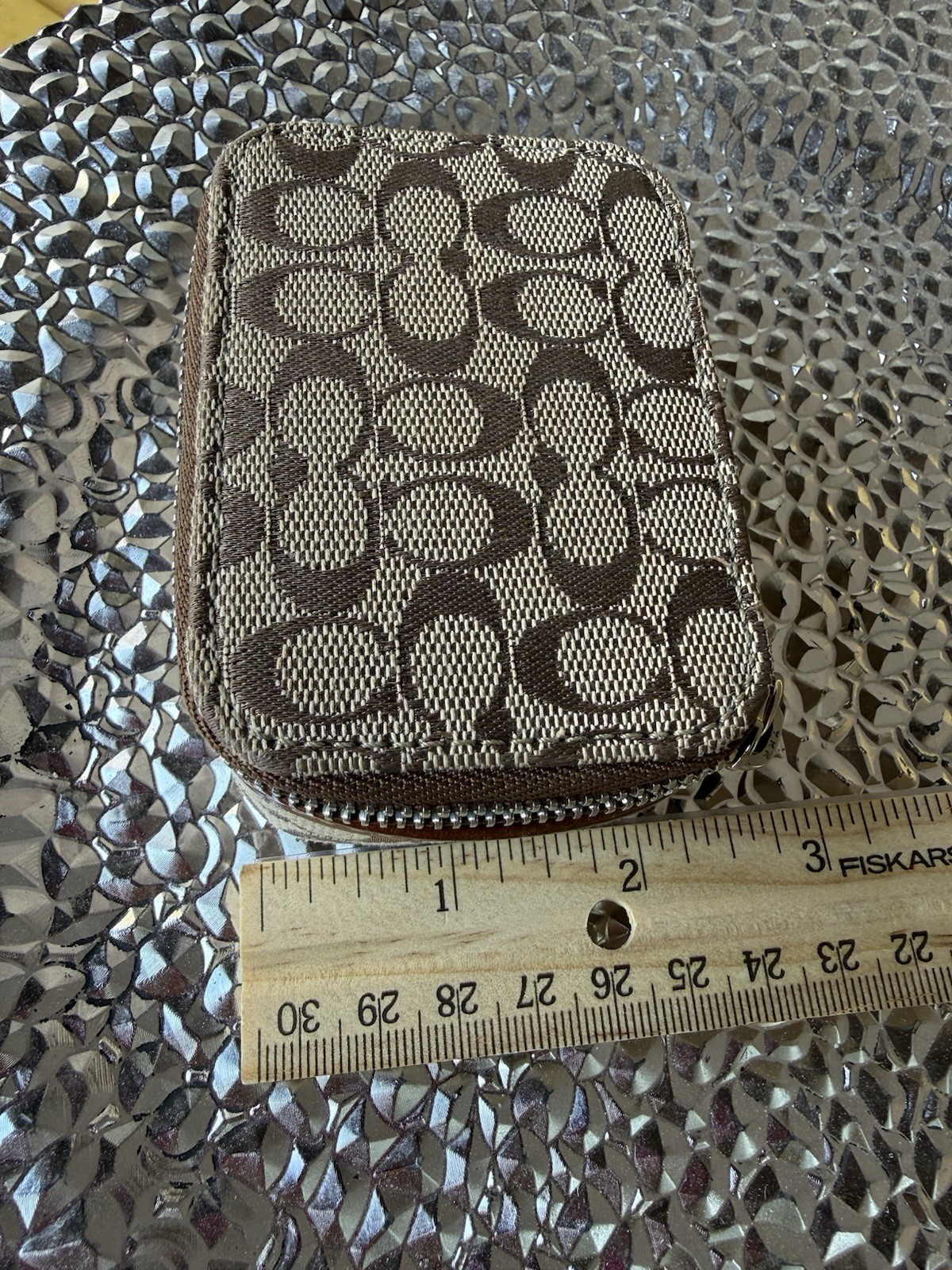 Coach Signature Logo Canvas Leather Travel Jewelry Case Zip-Around Brown Beige