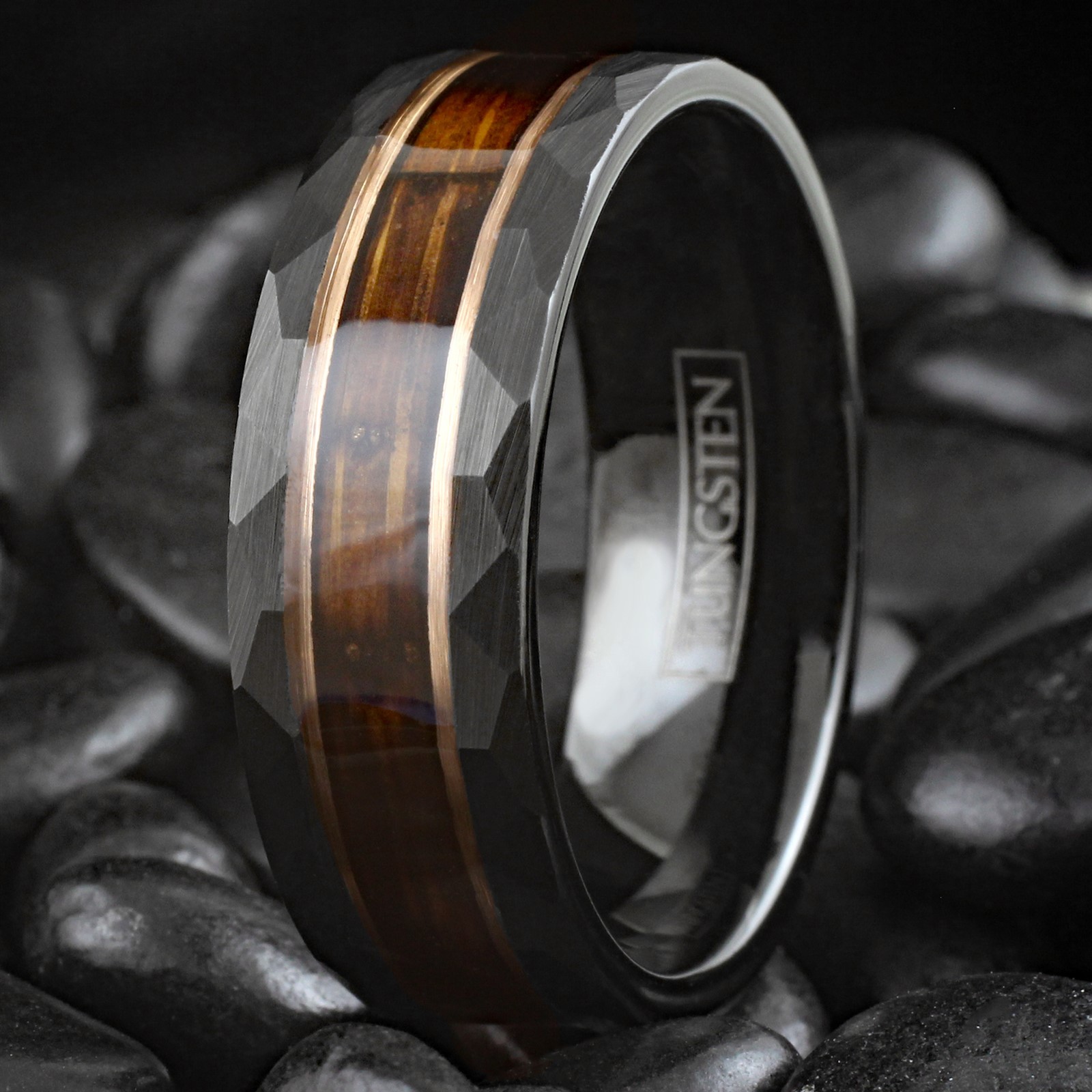 Black Tungsten Men’s Ring Charred Whiskey Barrel Rose Gold Plated Wedding Band