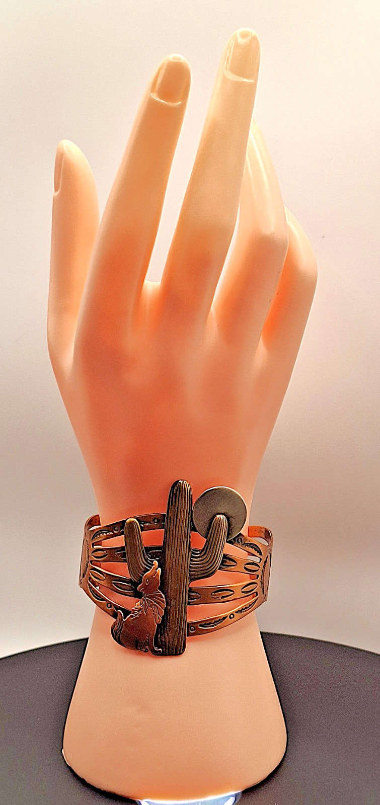Vintage Southwest Coyote & Cactus Moon Copper Plated Cuff Bracelet