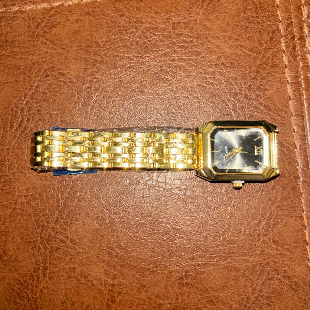 Gold Tone Rectangle Analog Wristwatch Gold Metal Bracelet Black Dial Stick