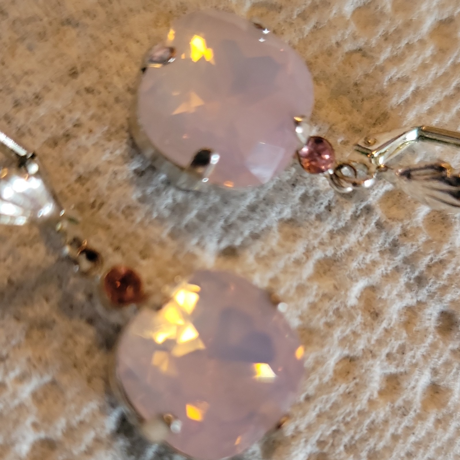 Pink Round Crystal Prong Set Leverback Dangle Drop Earrings Silver Tone