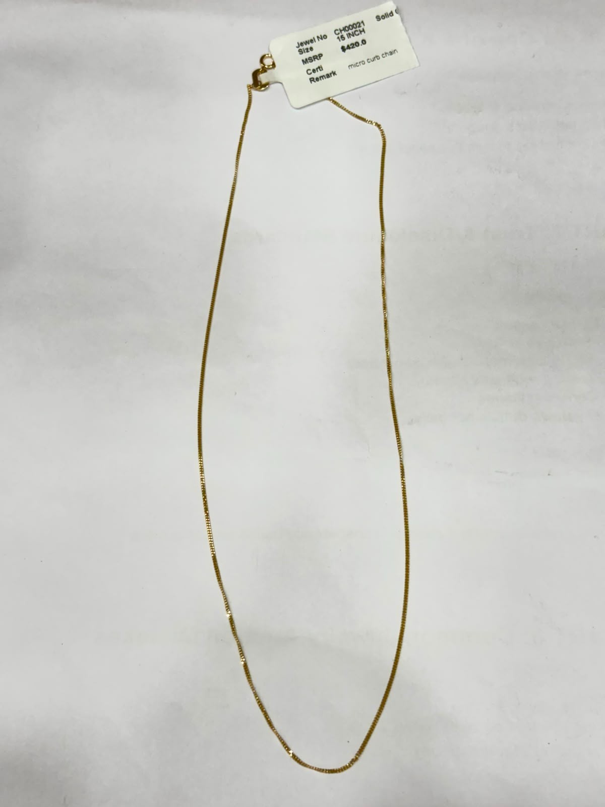 18K Yellow Gold Micro Curb Chain 1 5Inch Necklace Solid Gold CH00021