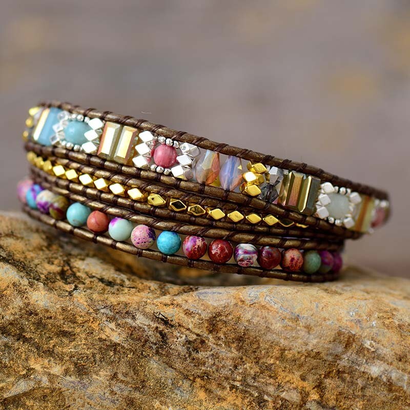 Natural Sea Sediment Jasper Leather Wrap Bracelet Handmade Beaded Cord Women’s