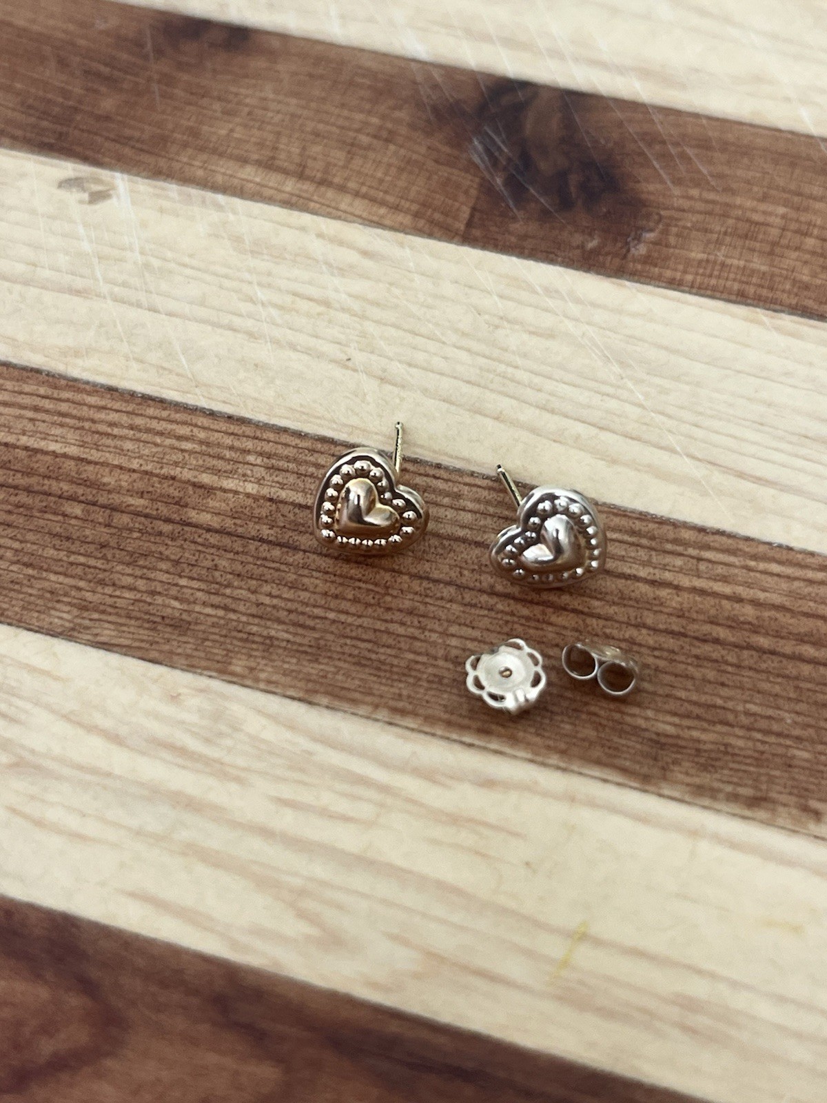 14K Solid Yellow Gold Heart Small Vintage Stud Earring With Gold Backs