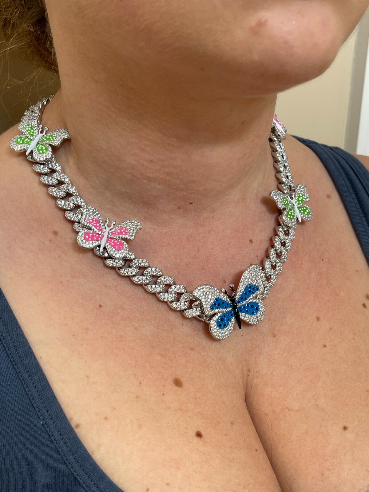 Real Hip Hop 12mm Miami Cuban Chain Choker Necklace Butterfly CZ Silver Choker