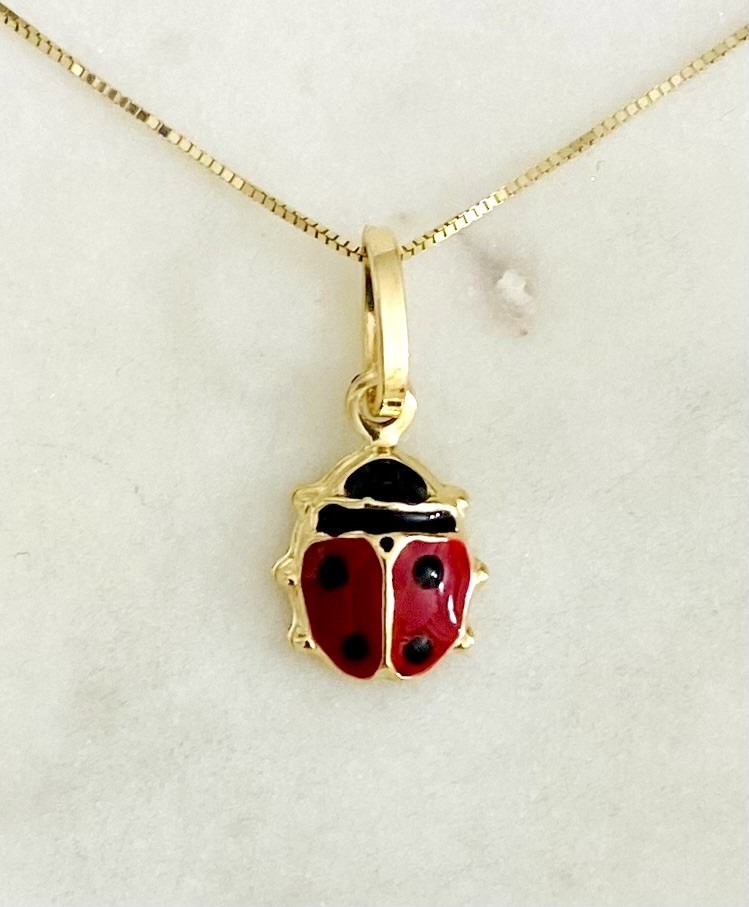 14K Solid Yellow Gold Ladybug Lucky Pendant Necklace – 0.5mm Box Chain- PT505