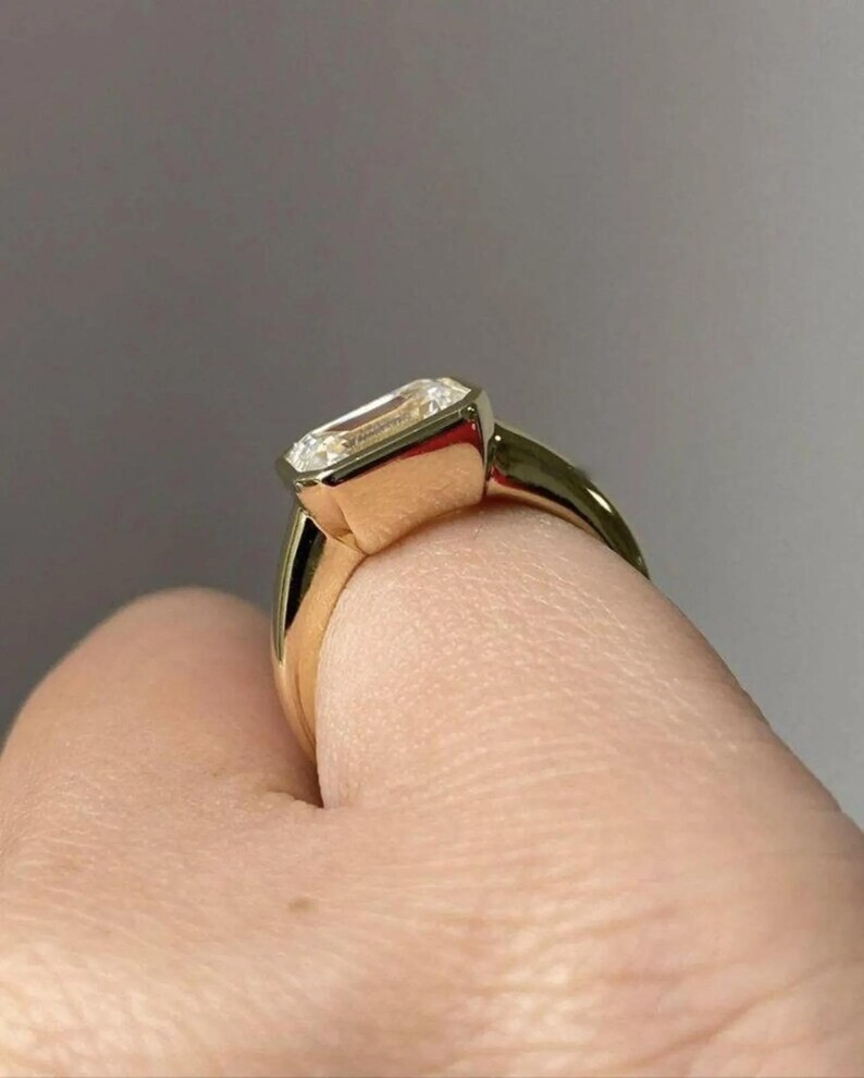 3 Ct Emerald lEast West Moissanite Bezel Engagement 14K Yellow Gold FN Ring