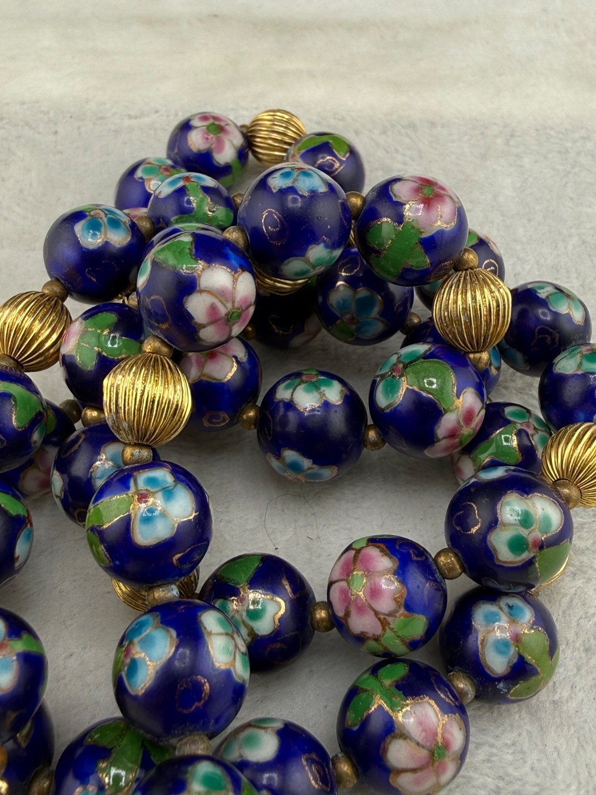 Vintage Cloisonne Beaded Necklace Blue Flower 28”