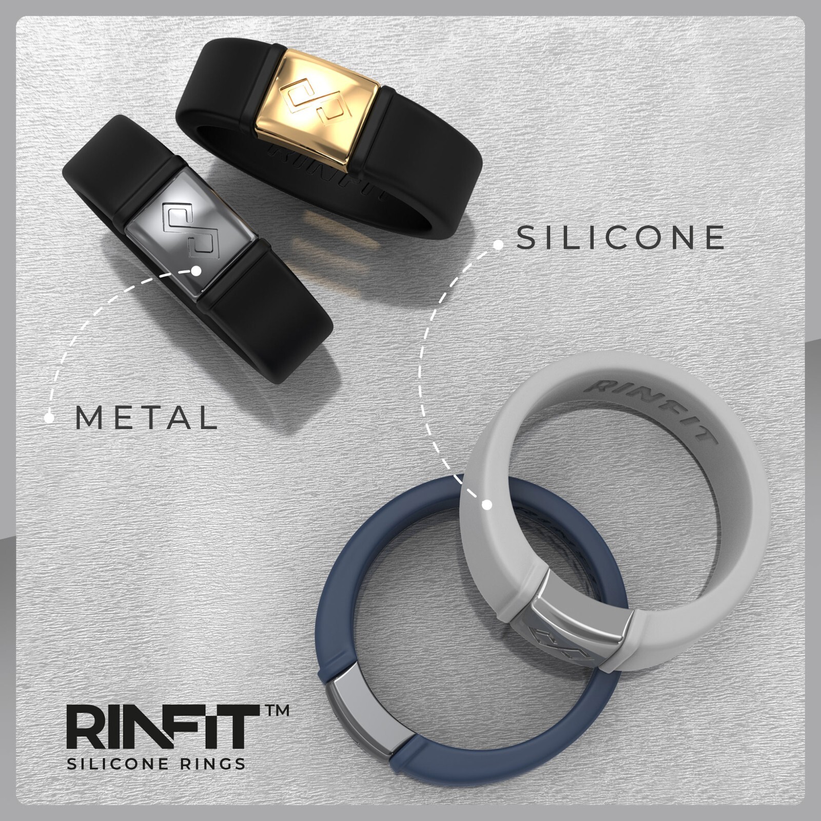 Rinfit Infinity&Metal Silicone Rings for Men. Soft & Comfortable Wedding Band