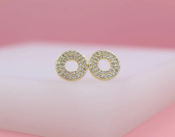 18K Gold Filled Gold Disc Circle Stud Earrings with Cubic Zirconia Stones