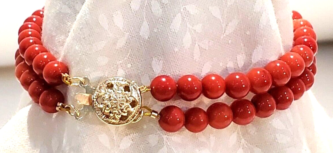 New 7 1/2″ Genuine Red Bamboo Coral 2 Row Bracelet w 14KYG Round Filigree Clasp