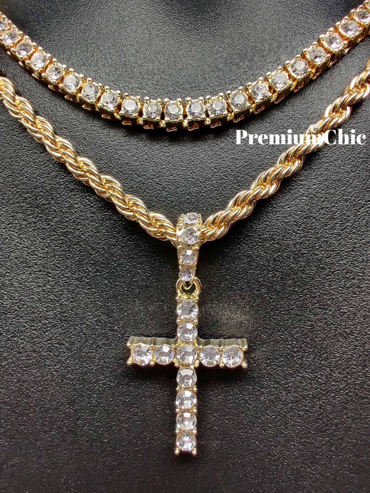 3pc SET, Tennis Choker Rope Chain, Cross Pendant Gold Plated Hip Hop CZ Jewelry