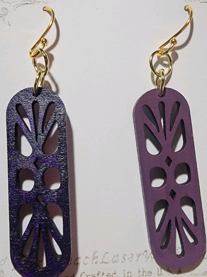 Purple Wooden Rectangle Cutout Dangle/Drop Hook Earrings, No Stone
