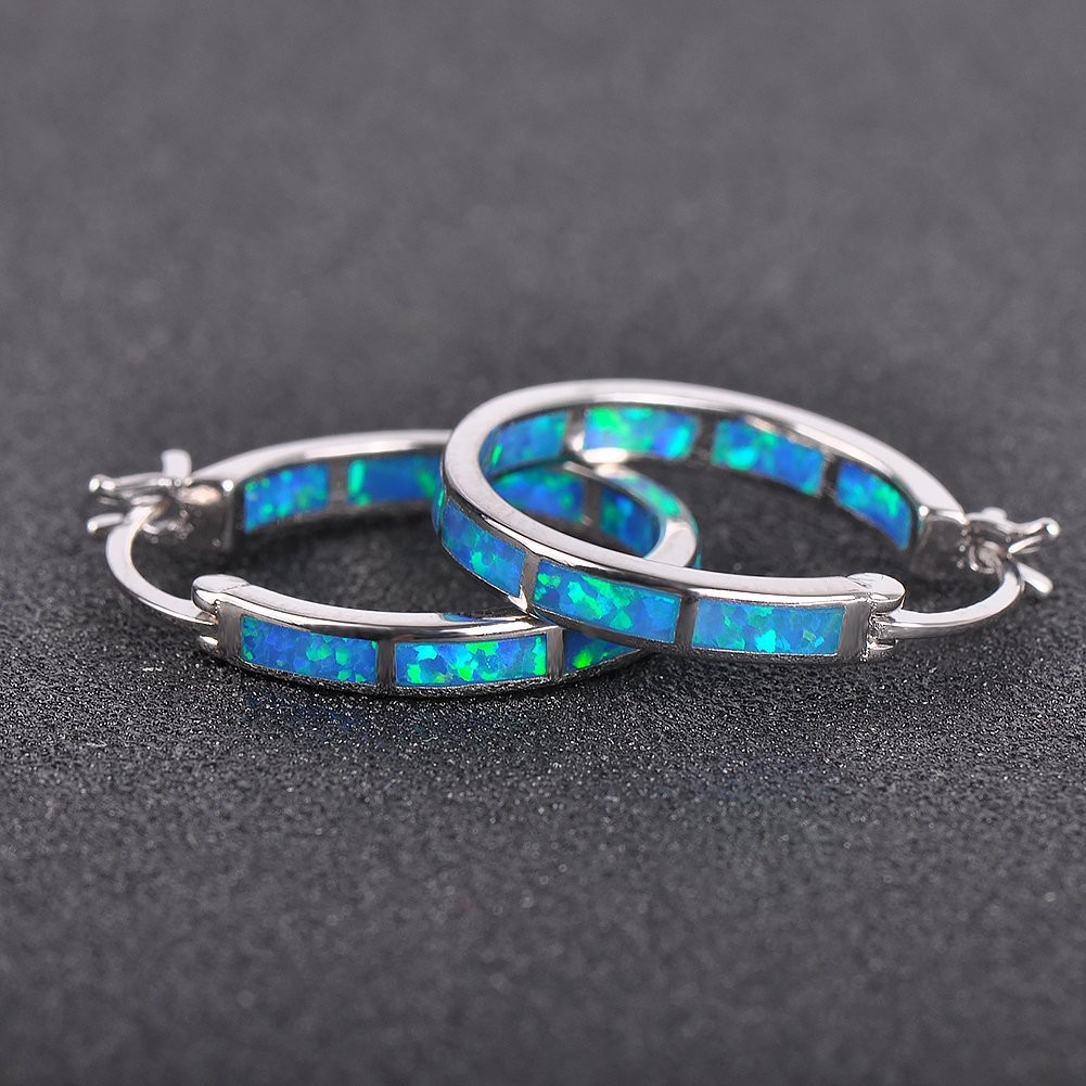 925 Sterling Silver Hoop Earring, Opal Small Small, Blue and Sliver