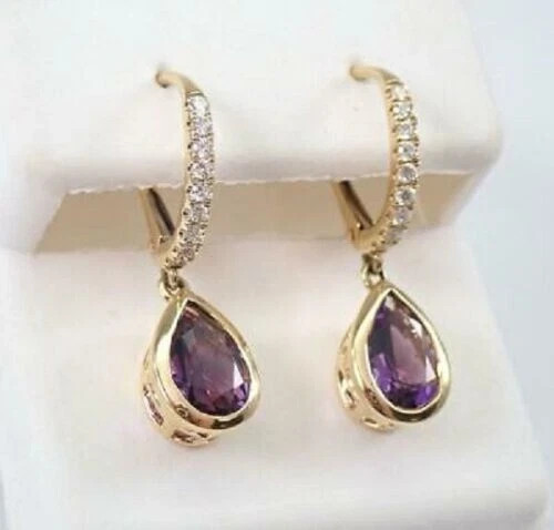 Delicated 4Ct Pear Lab Created Amethyst Drop/Dangle Earrings 14K Yellow Plated