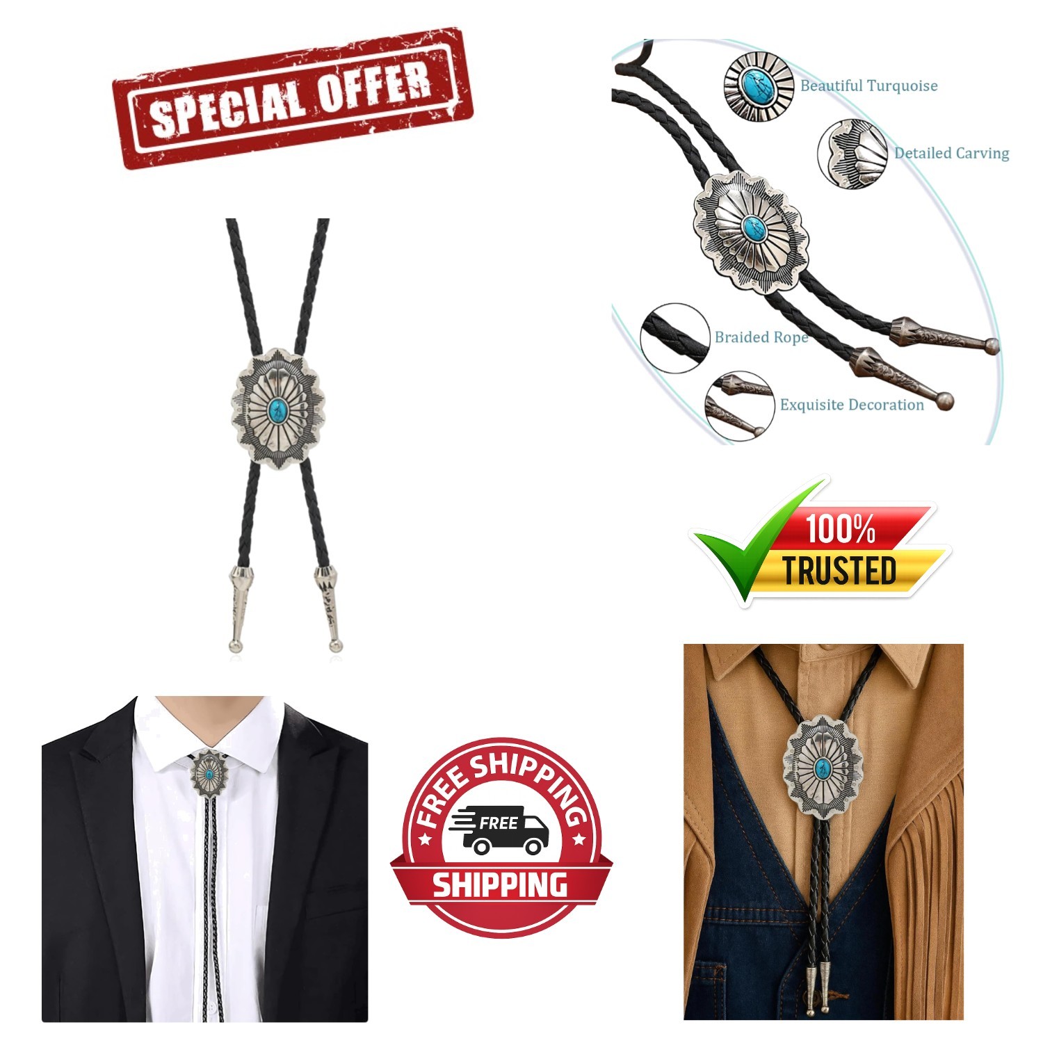 Vintage Turquoise Stone Bolo Tie for Men Western Cowboy Oval Cool Retro Bola Tie
