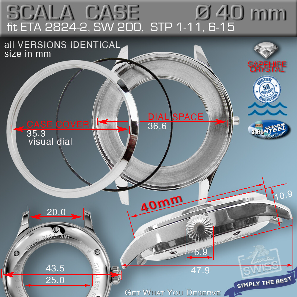 WATCH CASE SCALA Ø 40 MM, ETA-2824,SW 200 STP 1-11, ST.ST, BLACK, GOLD, R-GOLD