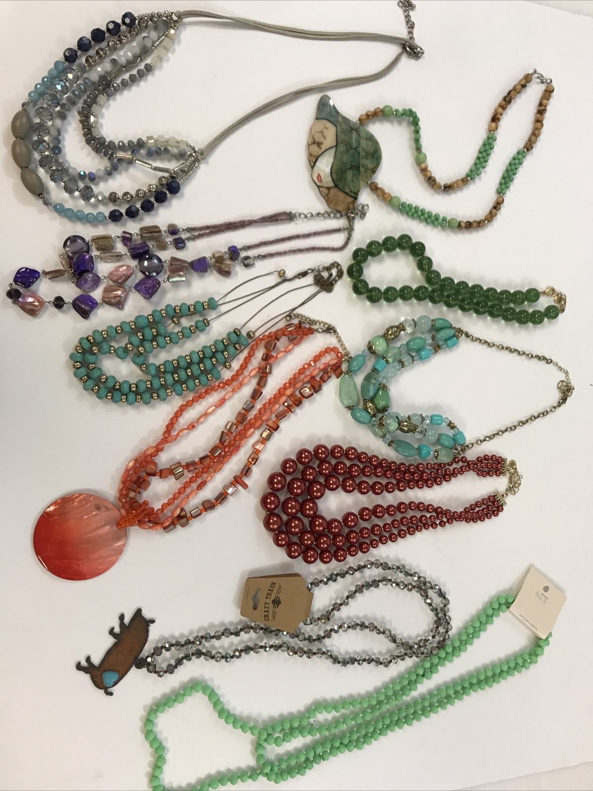 Jewelry Lot 10 Necklaces Statement Multi Strand Pearl Crystal Beads Green Orange