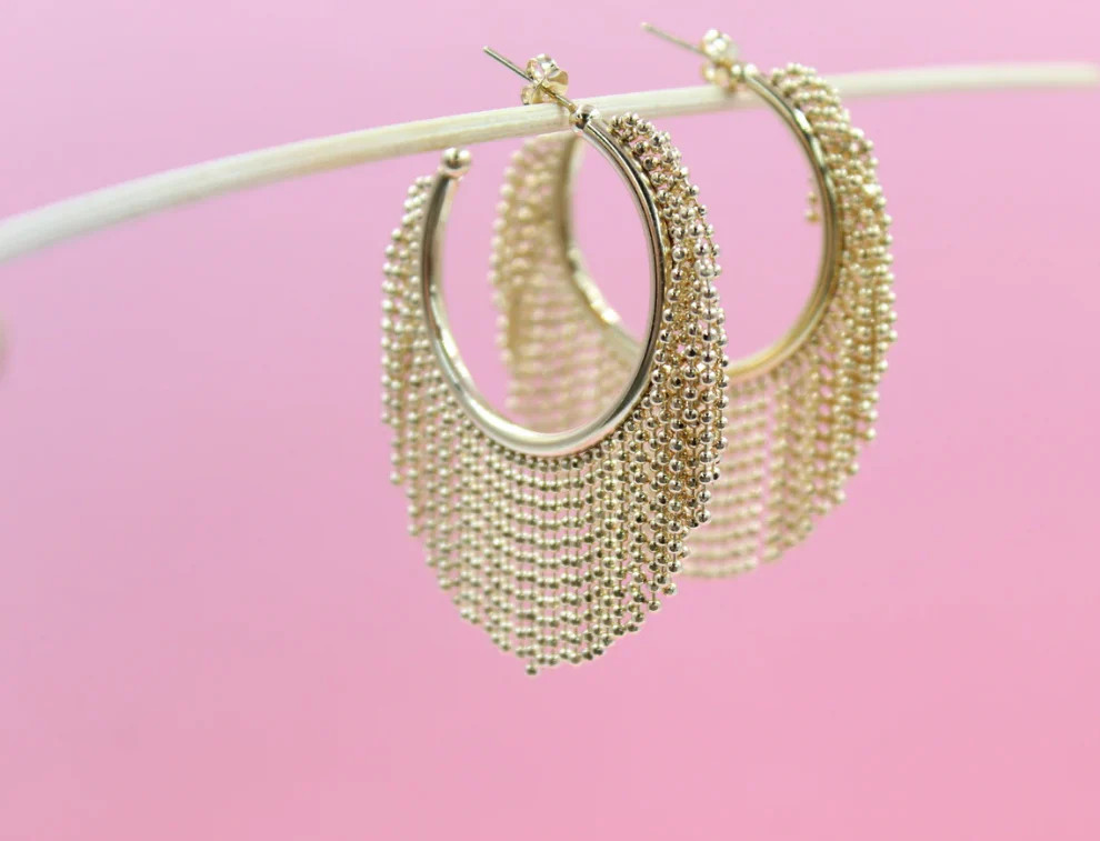 18K Gold Filled Open Hoop Dangle Drop Diamond Cut Ball Tassel Earrings (K213)