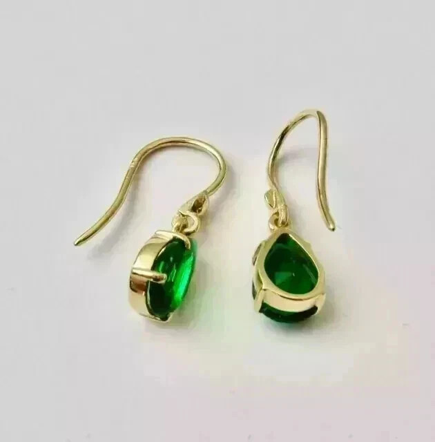Simulated Green Emerald 3.5Ct Pear Drop/Dangle Earrings 14K Yellow Gold Plated