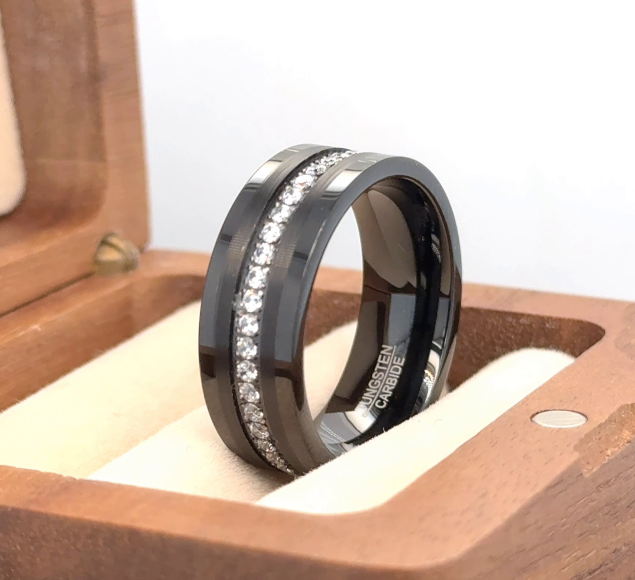 Couple Ring Gift Black Tungsten Engagement Ring White CZ Inlay Beautiful Band