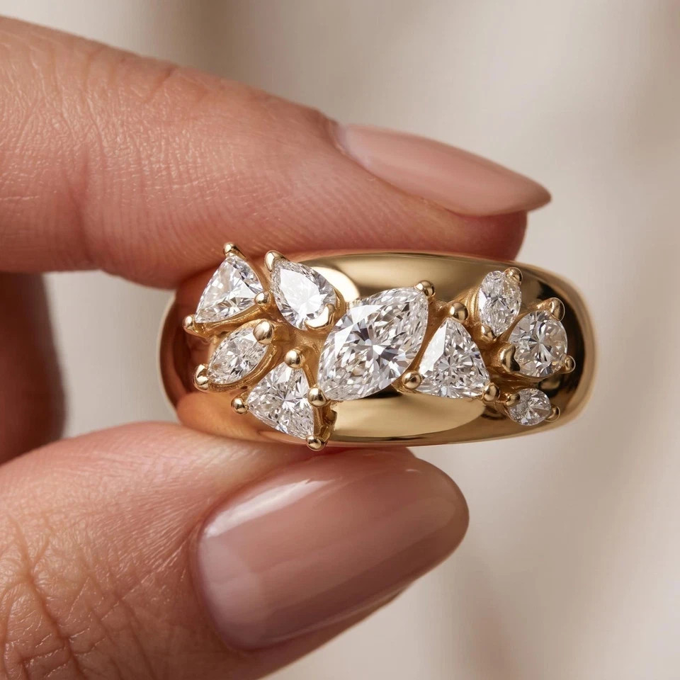 Cluster Engagement Ring Sale ! Marquise Cut Lab Grown Diamond 14k Yellow Gold