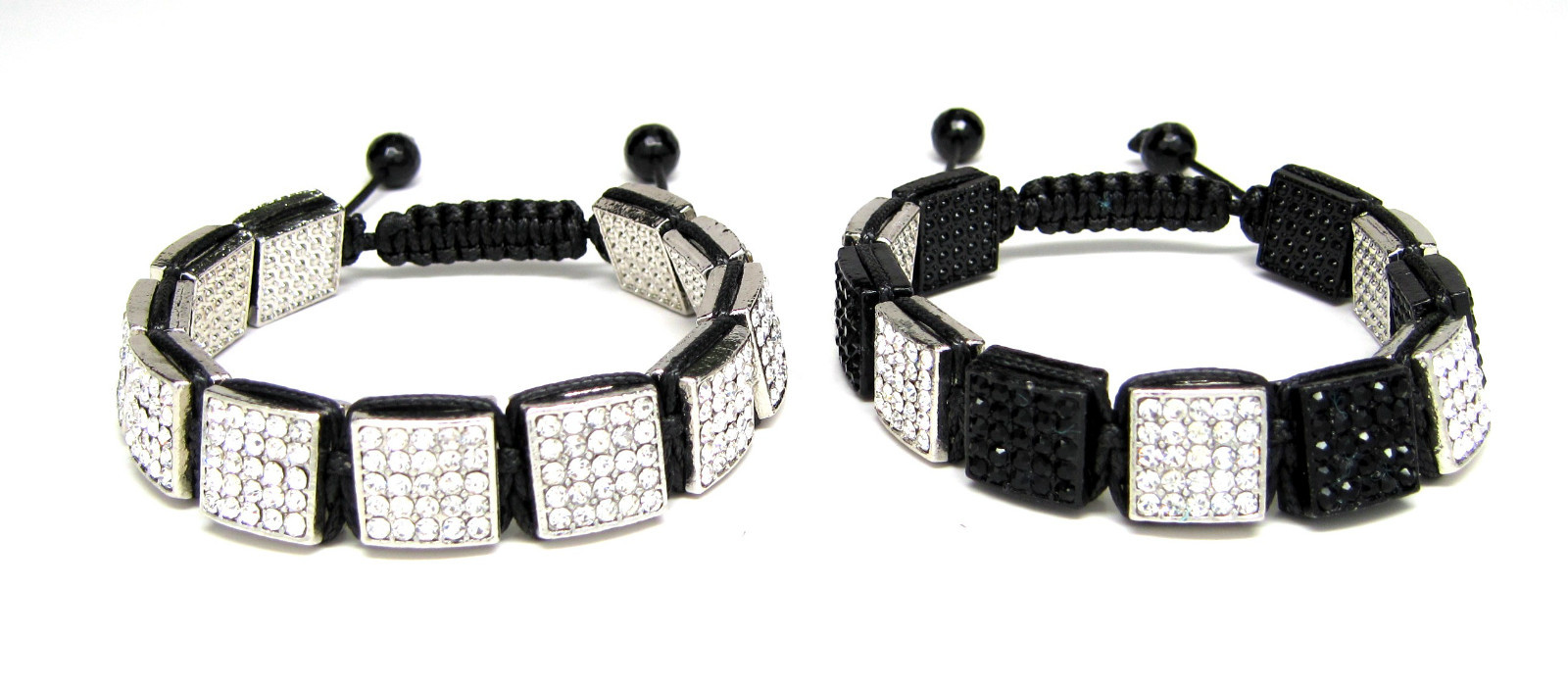 12MM SQUARE ICED WHITE BLACK CZ PAVE BEAD HIP HOP MACRAME BRACELET