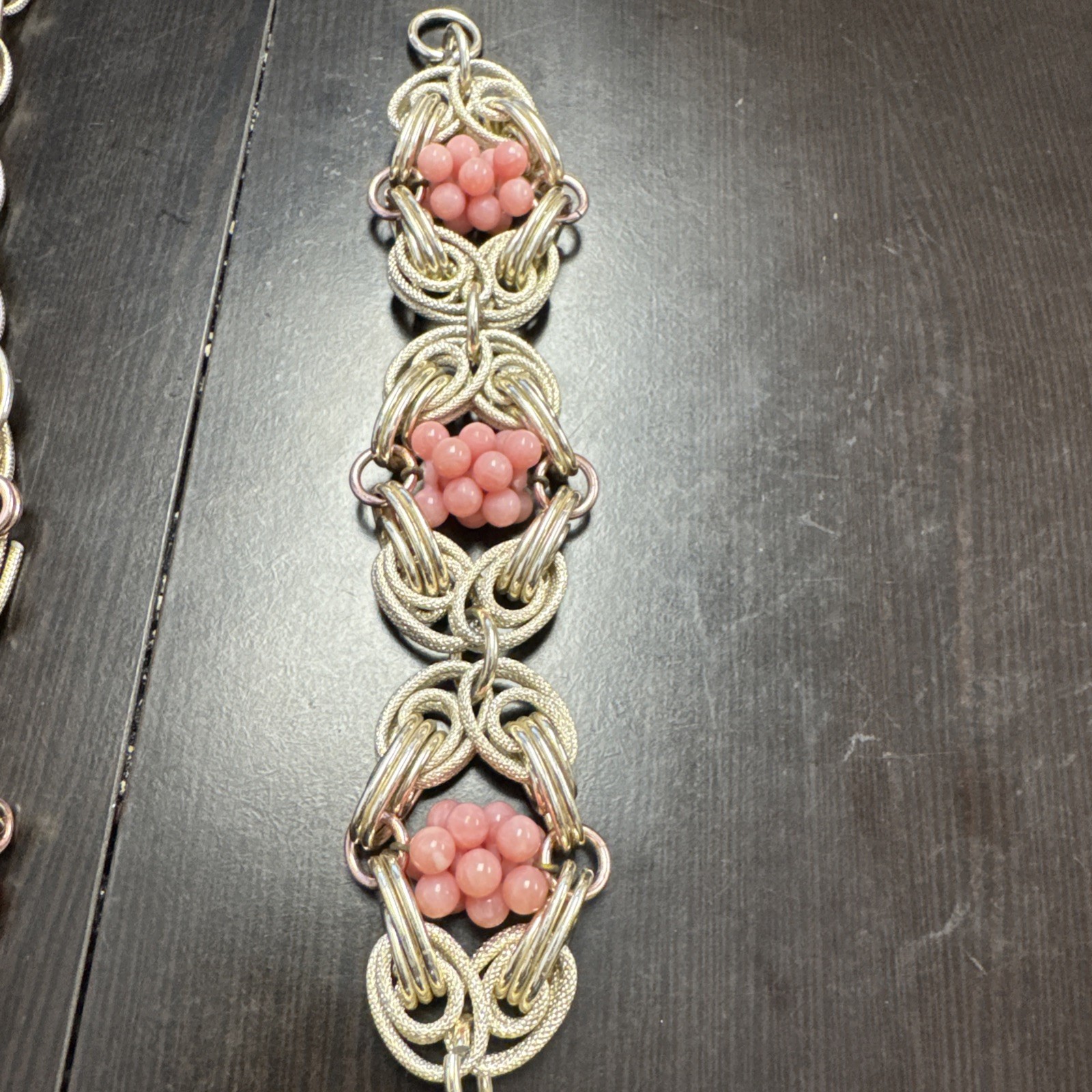 Vintage Silver Pink Beads Necklace, & Bracelet Lightweight Metal