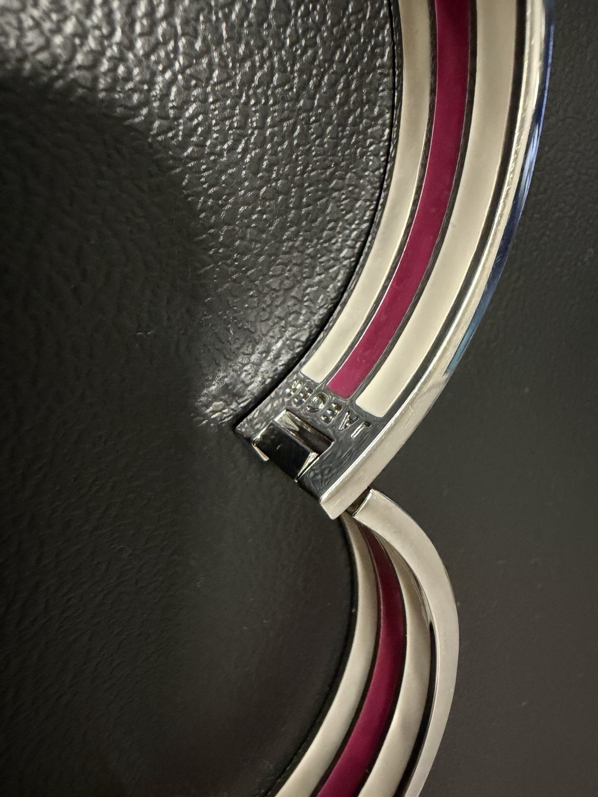 Jaeger Silver-Tone Pink & White Enamel Hinged Bangle Bracelet Signed