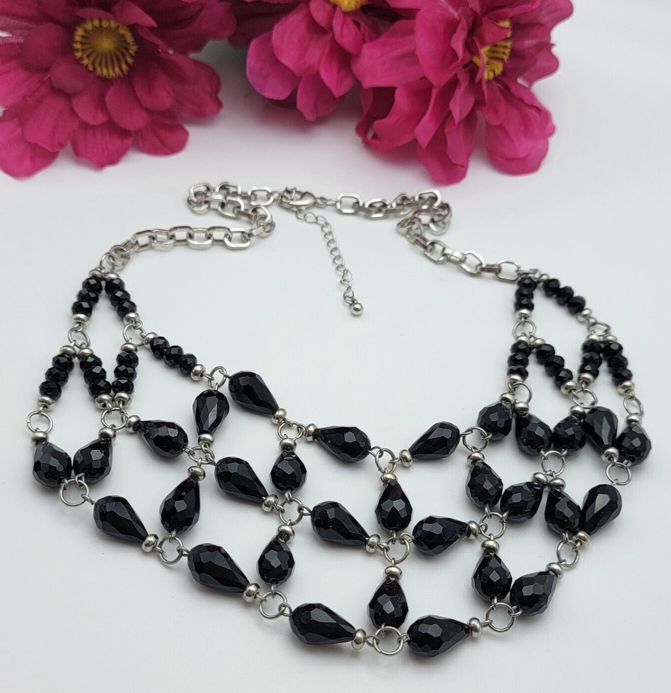 Black Faceted Teardrop Glass Crystal Waterfall Bib Necklace 22.5 In Silver Tone