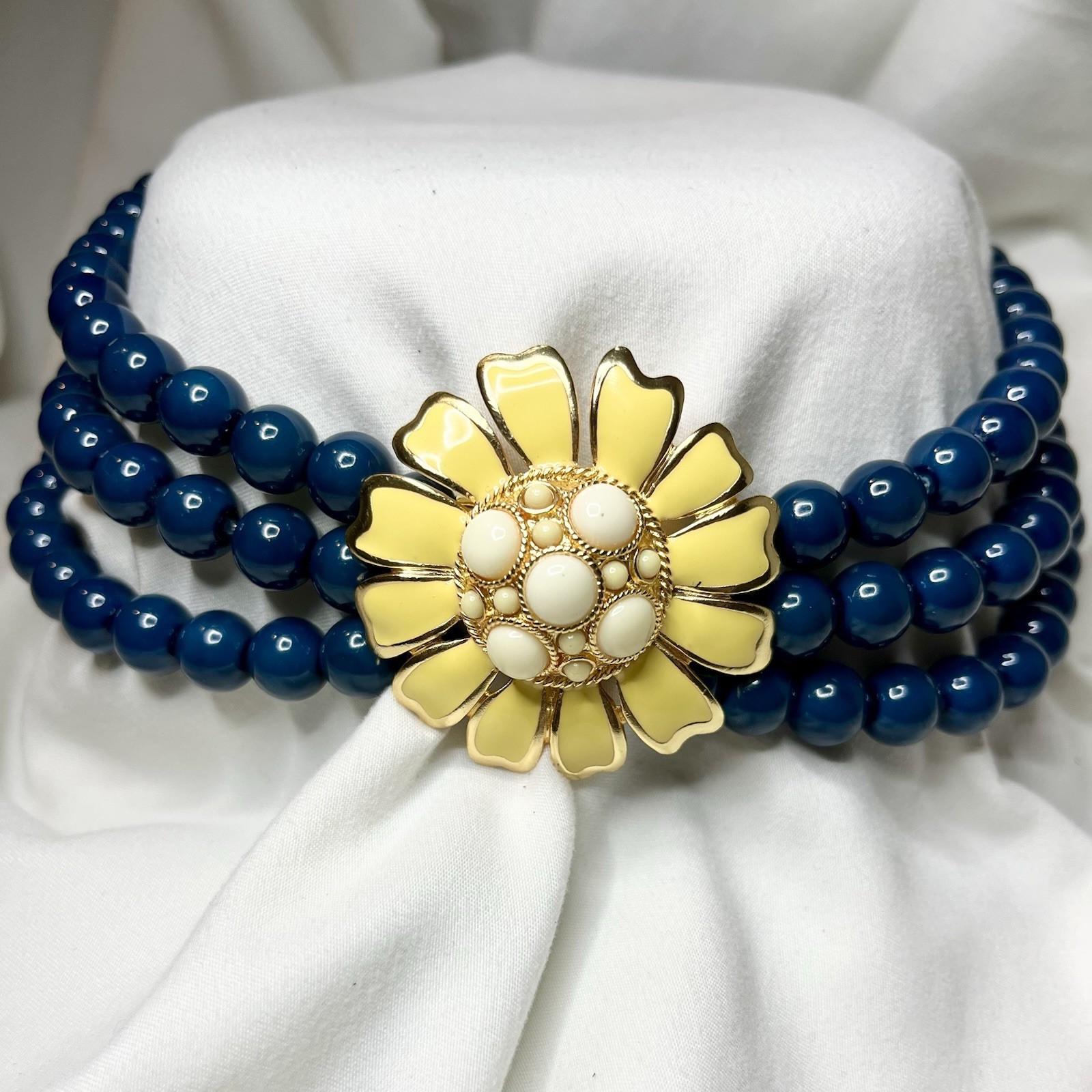 Vintage Banana Republic Yellow Enamel Flower Teal Blue Bead Three String Choker